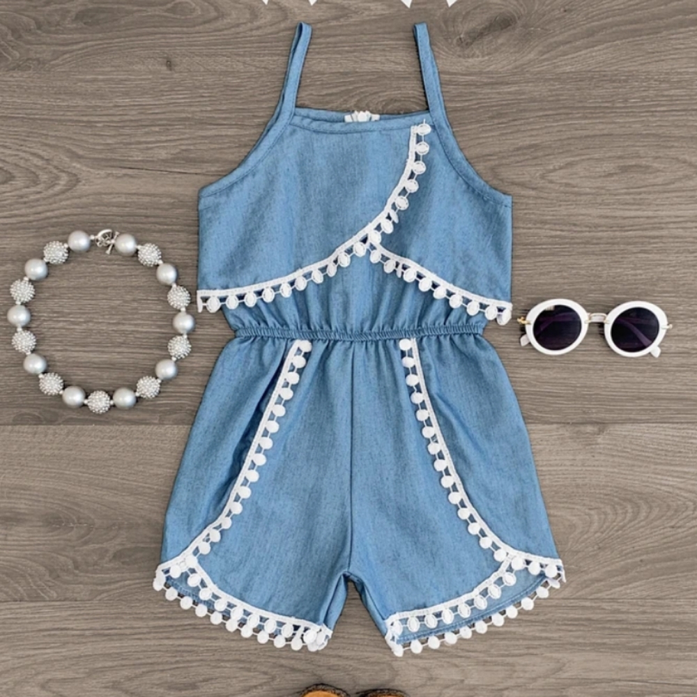 Denim Pom Pom Romper